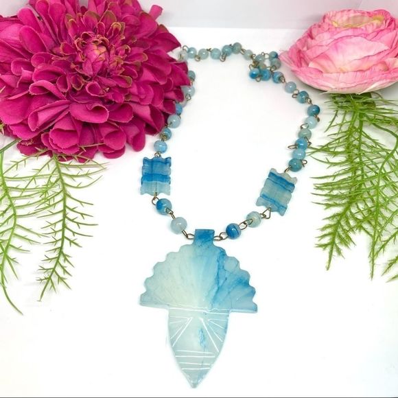 VINTAGE⚜️Genuine Teal Quartz Carved Gem Necklace - Picture 1 of 12